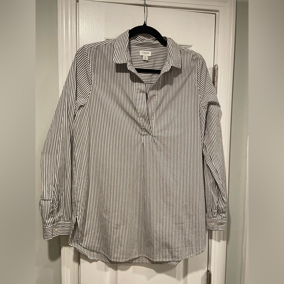 J. Crew Size S Black White Stripe Long Sleeve V Neck Collared Popover Tunic Top - Picture 1 of 10